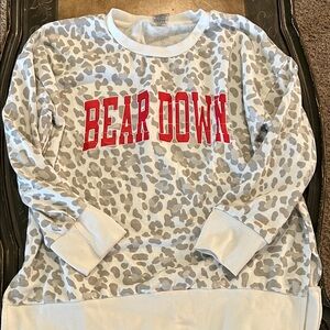 Women's White and Gray Leopard Print Sweatshirt with Red Lettering
